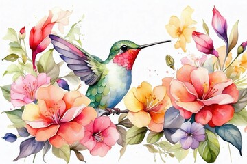 A illustration watercolor painting cute hummingbird and colorful flowers on white background