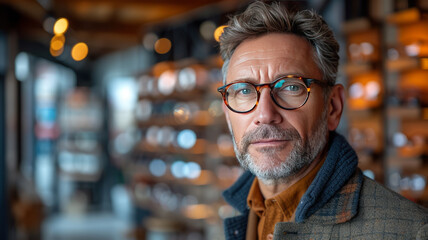 Obraz premium Caucasian middle aged man wearing pair of trendy glasses, stylish spectacles and new prescription lenses at an optometrist.generative ai