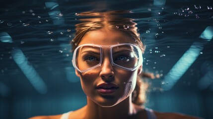 Young female swimmer with swim goggles training in pool. Close up portrait of woman swimming...