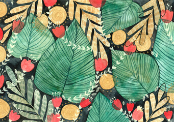 A pattern of leaves and flowers