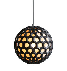 A trendy modern pendant light with an intricate geometric design, against a white backdrop.