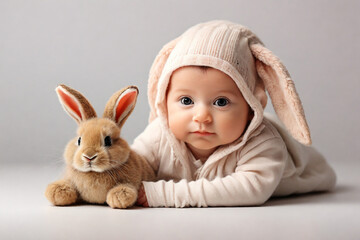 Cute baby in bunny costume on grey background, close-up