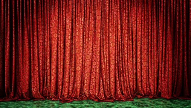 Realistic 3D animation of the luxurious textured red curtain with traditional Chinese golden ornament and green marble flooring rendered in UHD with alpha matte