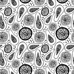 Tropical fruit seamless pattern. Cute background with  dragon fruit and papaya.