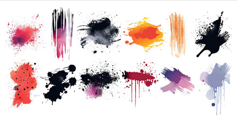 Set of paint brush stroke, ink splatter and artistic design elements