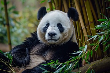 Tranquil Giant Panda peacefully resting among bamboo shoots its black and white fur and peaceful expression adding a sense of harmony to a Chinese forest