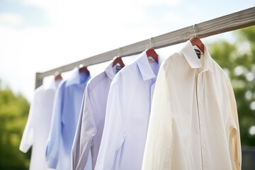 crisp shirts hanging neatly in a row outdoors