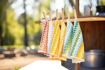 row of multicolored dishcloths catching sunbeams