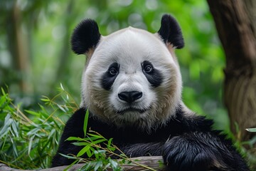 Tranquil Giant Panda peacefully resting among bamboo shoots its black and white fur and peaceful expression adding a sense of harmony to a Chinese forest