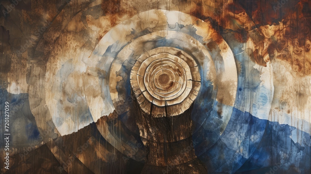 Wall mural Generative AI, Abstract watercolor wood stump rings or circles. Drawn poster design with blue, brown and beige colors. 