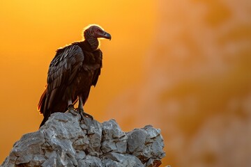 Velvet Vulture perched on a rocky outcrop its plush dark plumage absorbing the warm rays of a golden sunrise