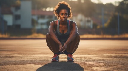 Photo of tired young african american woman resting after running outdoors in morning. Female athlete sitting on the track and field stadium. Selective focus. - Powered by Adobe