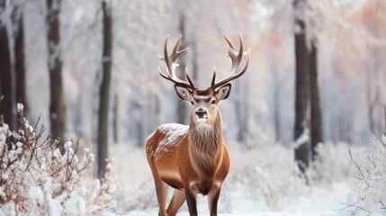 Naklejka na ściany i meble Deer in winter forest. Wild animal in winter forest. Wildlife scene.