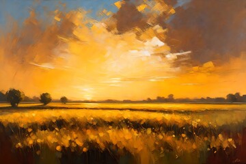 oil painting showcasing the subtle gradients of a vast, open field under a golden sun