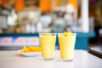 mango lassi takeaway cups in a cafe setting, with a blurred background