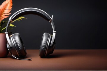 Fototapeta na wymiar headphones on a black background made of wood