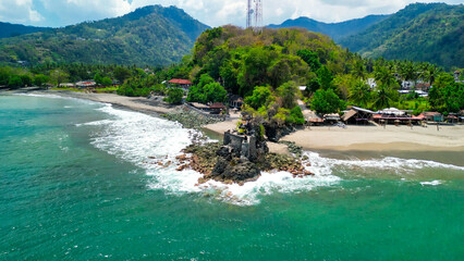 Aerial view of Batu Bolong Temple in Lombok, Indonesia