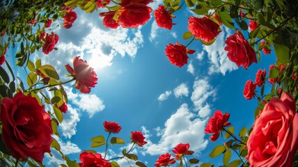 Beautiful rose flowers from below against a blue sky background. Unusual angle on floral