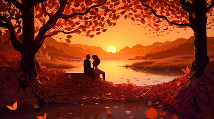 Couple lovers in park, under tree, in sunset Valentine's day illustration