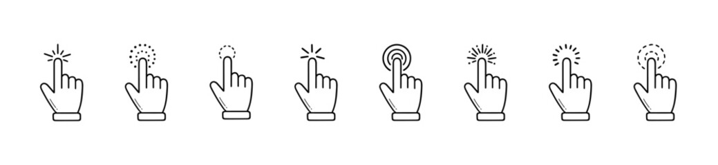 Finger click icon doodle set. Mouse cursor, hand computer pointer in sketch style. Hand drawn vector illustration isolated on white background