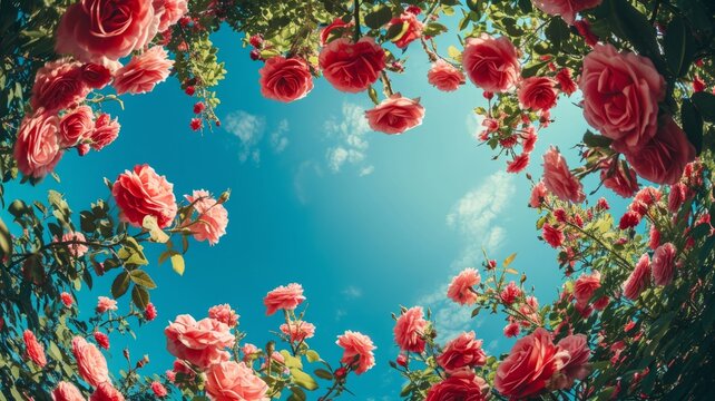 Beautiful rose flowers from below against a blue sky background. Unusual angle on floral