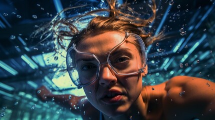 Young female swimmer with swim goggles training in pool. Close up portrait of woman swimming underwater. Sport and fitness concept.