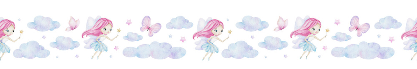 Cute little fairy with magic wand, stars, clouds and butterflies. Watercolor seamless border for children's goods, clothes, postcards, baby shower and nursery, fabric