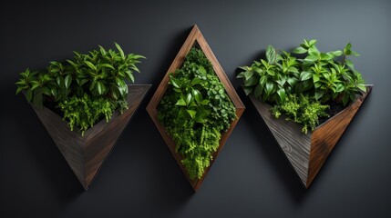 Innovative wall-mounted triangular green plant decorations.