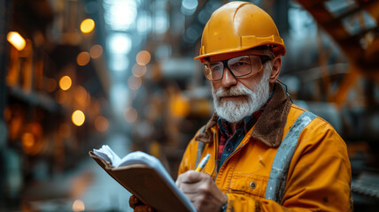senior businessman architect wearing a protective helmet writing in a notebook and holding a blueprint on the construction site. generative ai