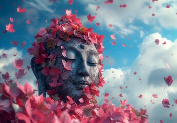 banner with the image of a plaster Buddha's head covered with pink leaves on a background of blue sky clouds, light red and blue colors, the concept of meditation and Zen