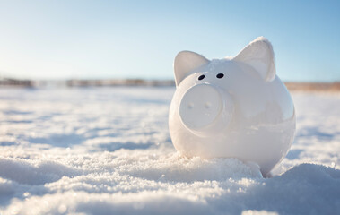 Piggy bank in the snow background, frozen assets or saving for Christmas