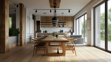 Modern Wooden Dining Room Interior Design. Generative ai