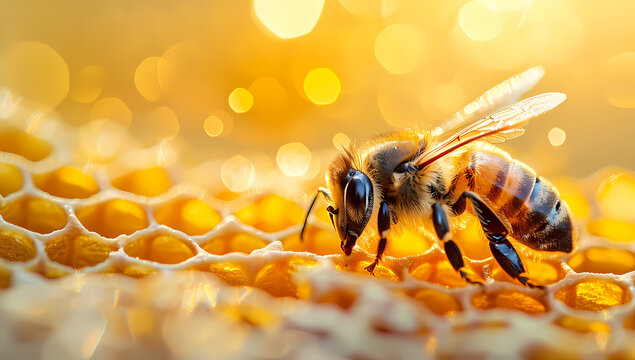 A mesmerizing macro shot captures the delicate membranewinged bee pollinating a golden honeycomb, highlighting the essential role of this yellow arthropod as a vital pollinator and showcasing the bea