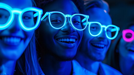Ethnically diverse happy smiling business people in glowing color glasses looking at the camera. Glow cyan neon, cyan and dark blue light, nightclub, fun - obrazy, fototapety, plakaty