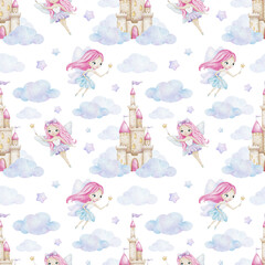 Cute little fairy, fairy tale castle, clouds and stars. Children's background. Watercolor baby seamless pattern for design kid's goods, postcards, baby shower and children's room