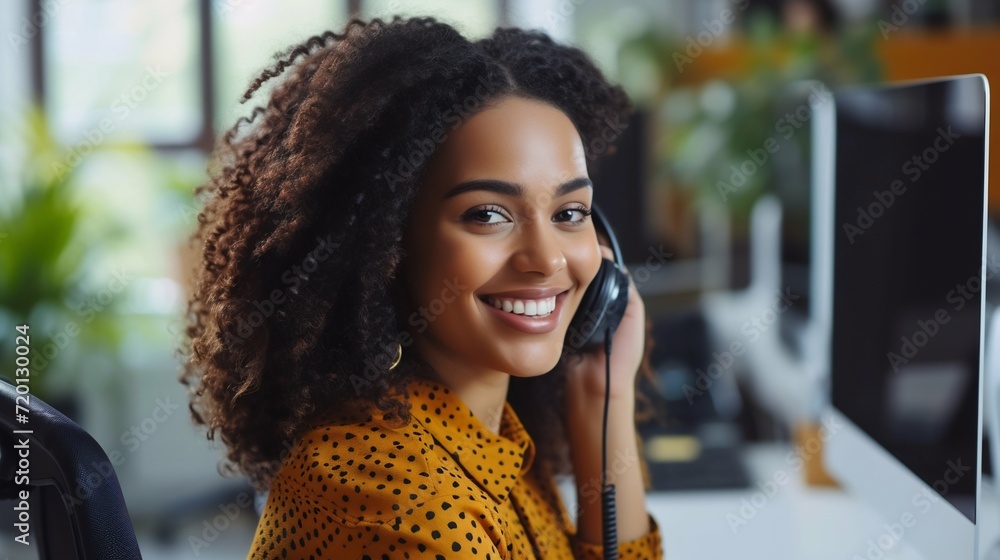 Poster friendly customer service representative with headset. generative ai