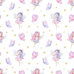 Cute little fairy, butterflies and stars. Children's background. Watercolor baby seamless pattern for design kid's goods, postcards, baby shower and children's room © Fedulova_art