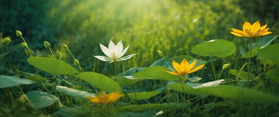 White lotus flowers blooming on the green meadow on a sunny day nature Background