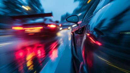 Sport car motion blur of race between two cars in blue hour, rain with lights on road. Sport car on...