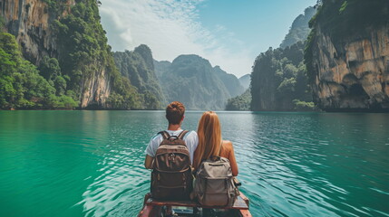 Couples travel blog article, journey tourist adventure, happy man and woman hugging, trip together