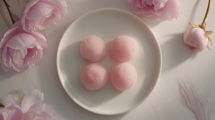 Generative AI, photo of mochi on the table background. Traditional Japanese dessert, top view, flat lay	
