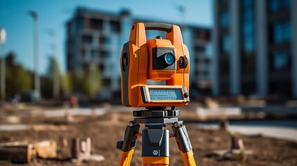 Professional land surveying equipment set up on a construction site.