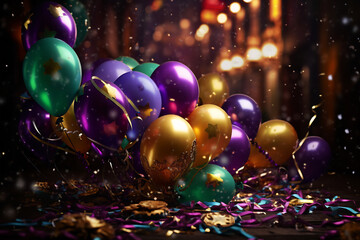 Mardi Gras balloons and sparkles