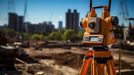 Professional land surveying equipment set up on a construction site. - obrazy, fototapety, plakaty