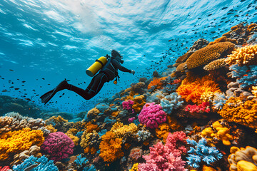 Immerse yourself in the vibrant world of marine life as a diver explores the stunning coral reef, surrounded by colorful organisms and the tranquil blue water