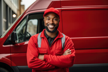 Portrait of a smiling young black courier driver standing next to his van. Express delivery of online orders service.