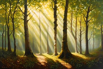  oil painting portraying the delicate dance of sunlight filtering through the leaves of an imaginary forest canopy