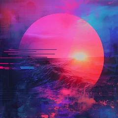 Rolgordijnen Cybernetic sunrise gradient with futuristic blues, purples, and pinks, accompanied by a grainy texture for a sci-fi-themed poster. © Simo