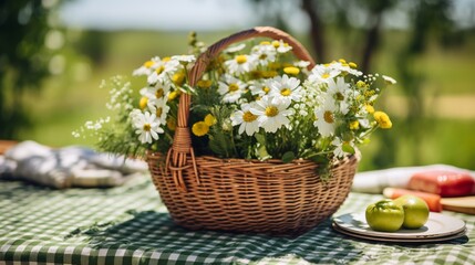  Idyllic summer picnic basket with fresh flowers and fruits on checkered cloth.