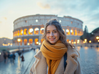 Beautiful girl in front of Colosseo in Rome, Italy